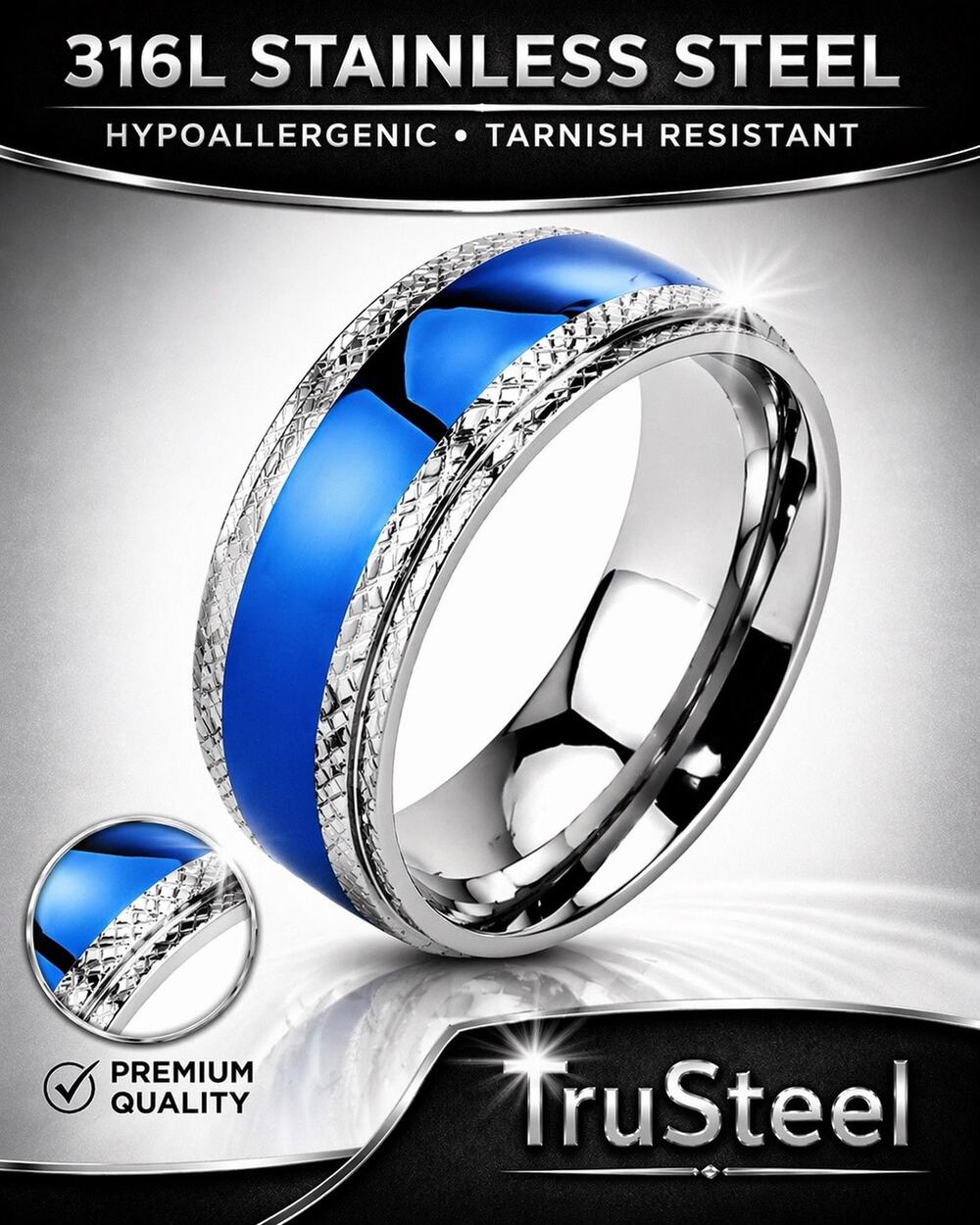 Men’s Blue Center 316L Surgical Stainless Steel hypoallergenic Ring Size 10